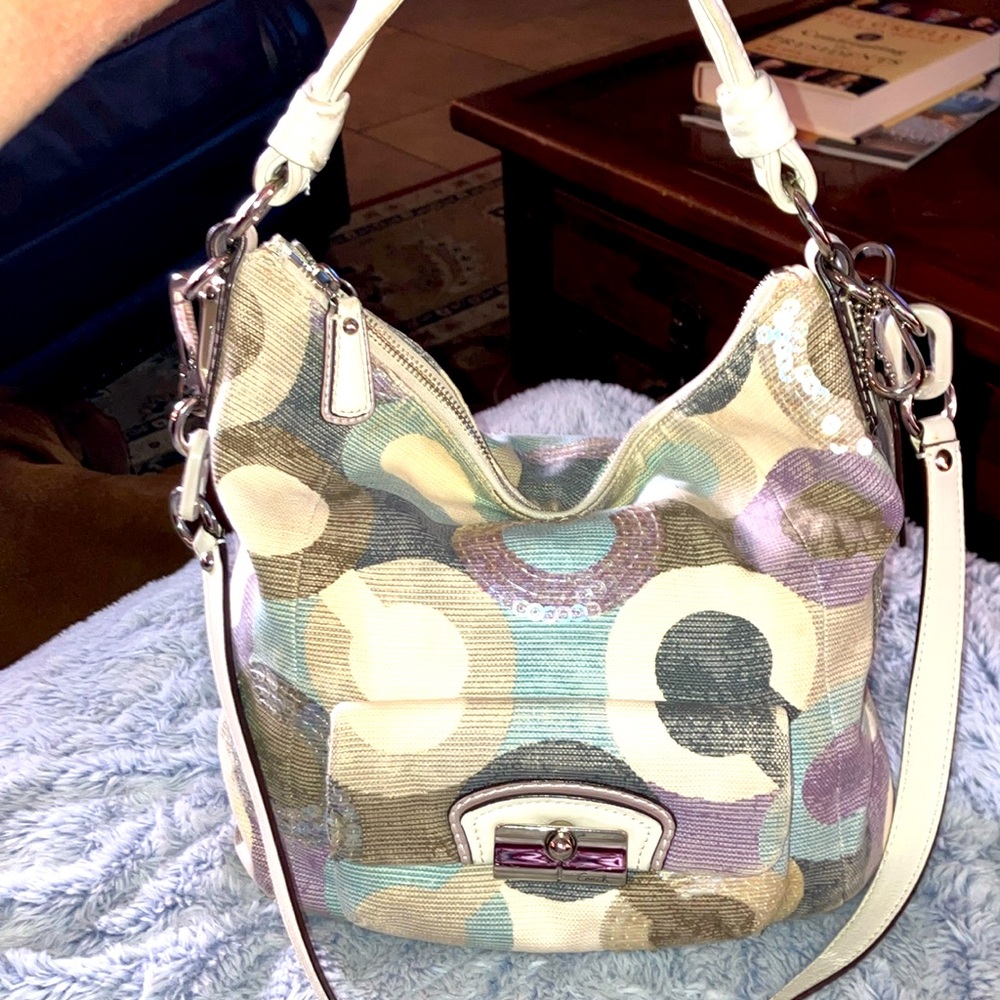 Coach Kristin sequins opt Art hobo bag with crossbody strap with silver hardware